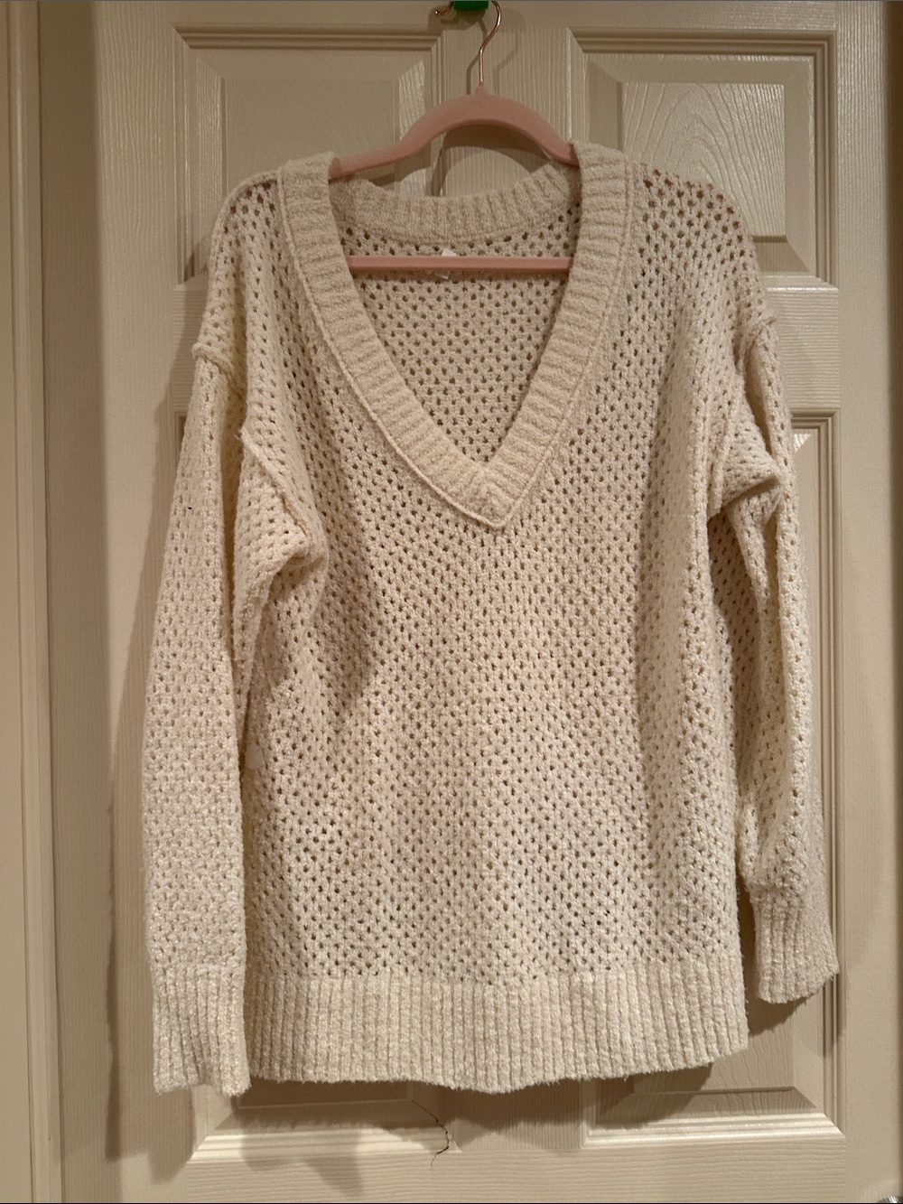 aerie Cream Open-Knit V-Neck Sweater